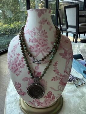 French Kande Long Stone Medallion Necklace with Opalite Style Stone Accents